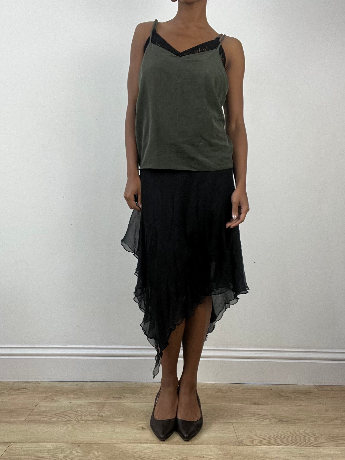 vintage edit: indie sleaze | small green layered cami top with built in underlay