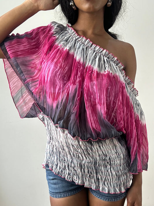 vintage edit: festival | medium pink and grey off shoulder oversized ruched top