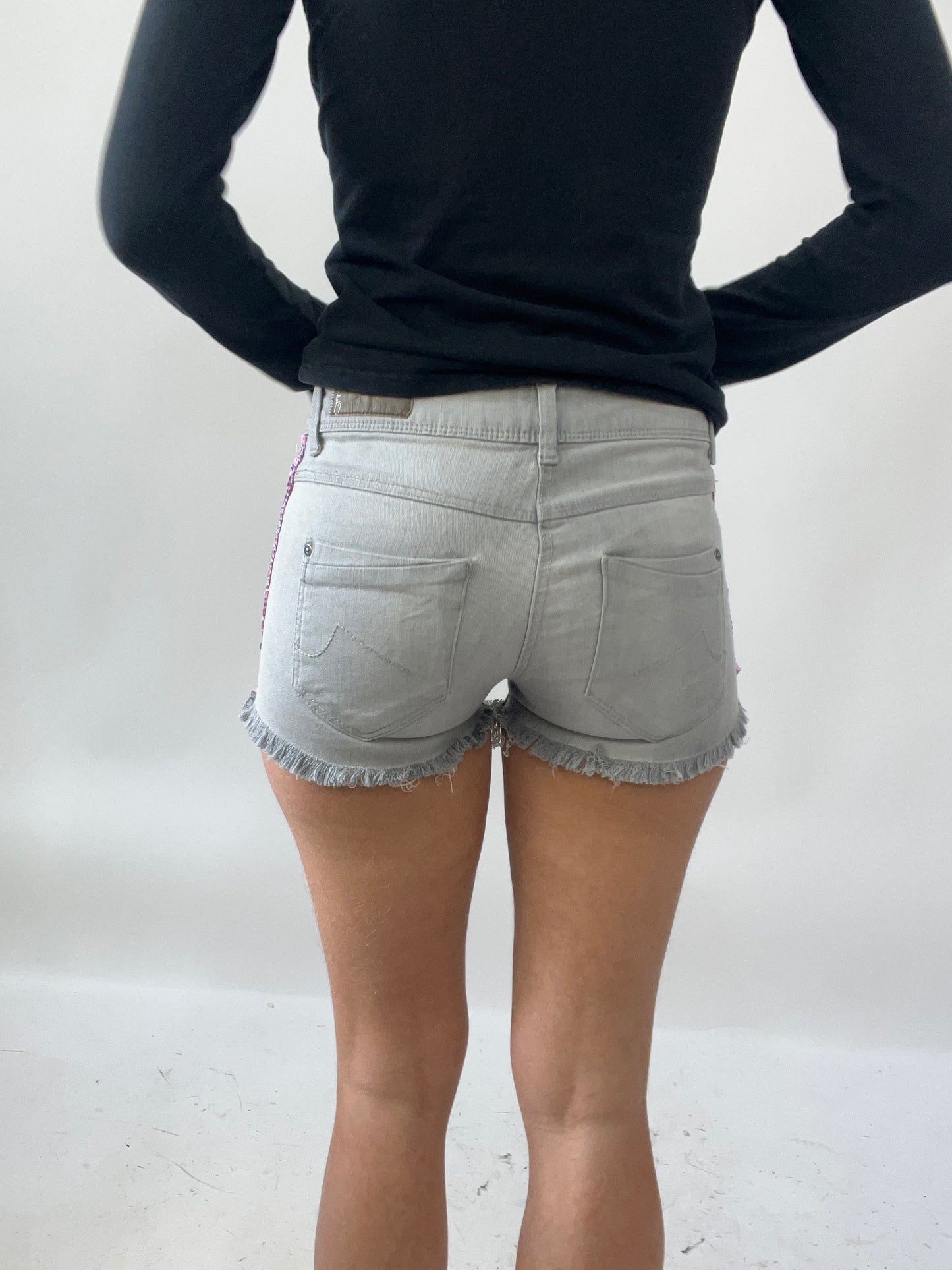 SUMMER SOLSTICE DROP | small grey denim shorts with pink sequins