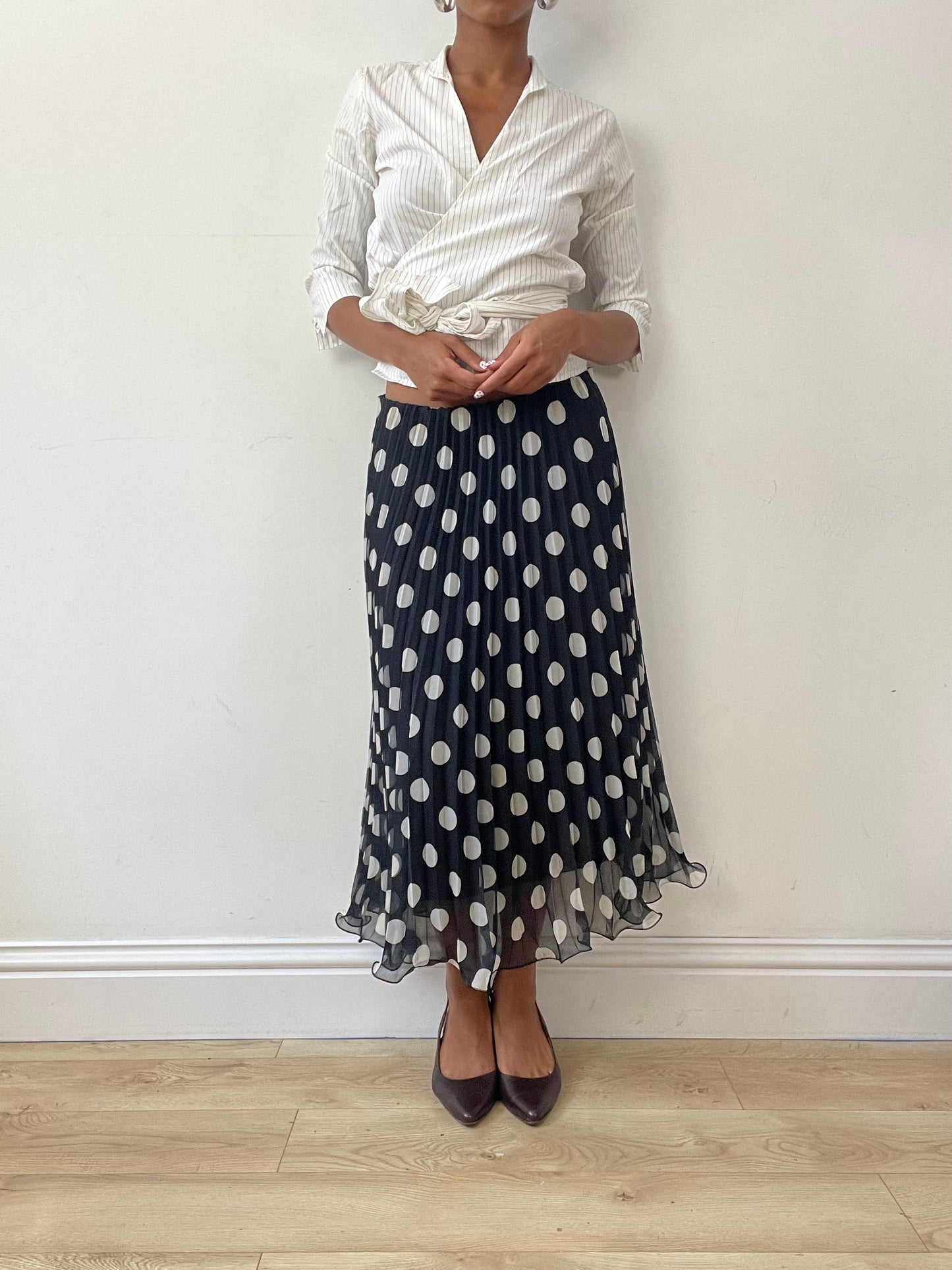 vintage edit twenty-seven | small black polka dot mesh overlay pleated maxi skirt