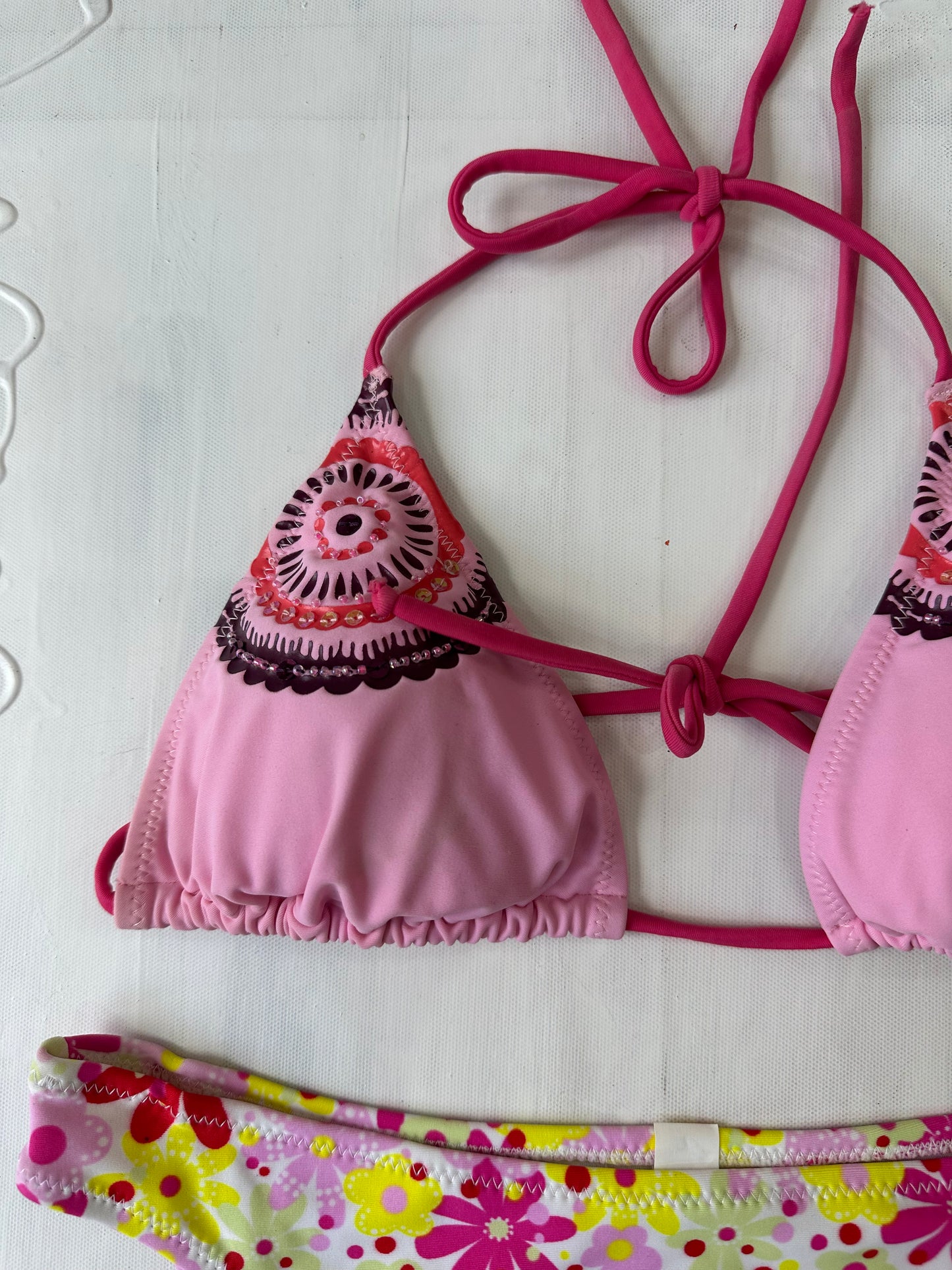 vintage edit twenty-nine | medium pink beaded bikini top and floral bottoms