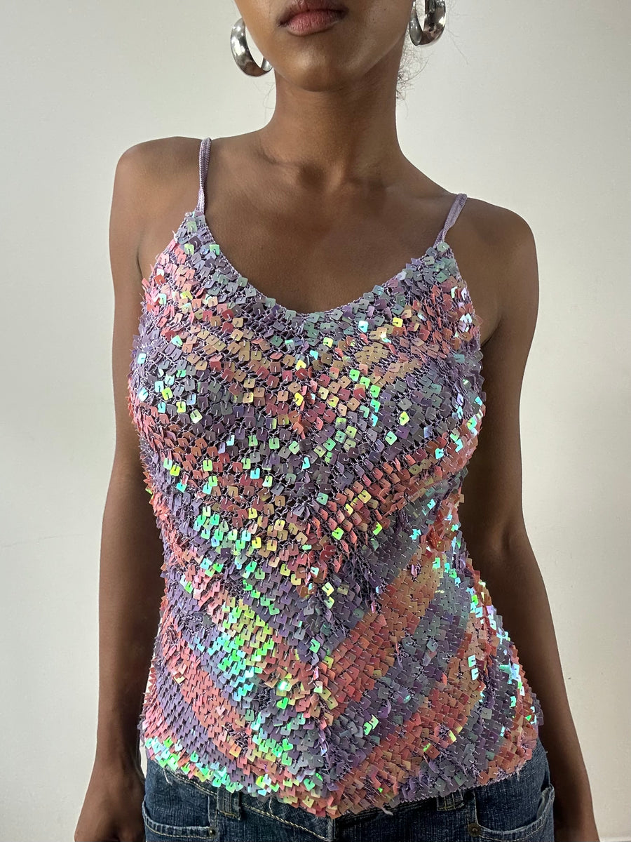 LFW edit | small crochet pink and purple sequin iridescent vest