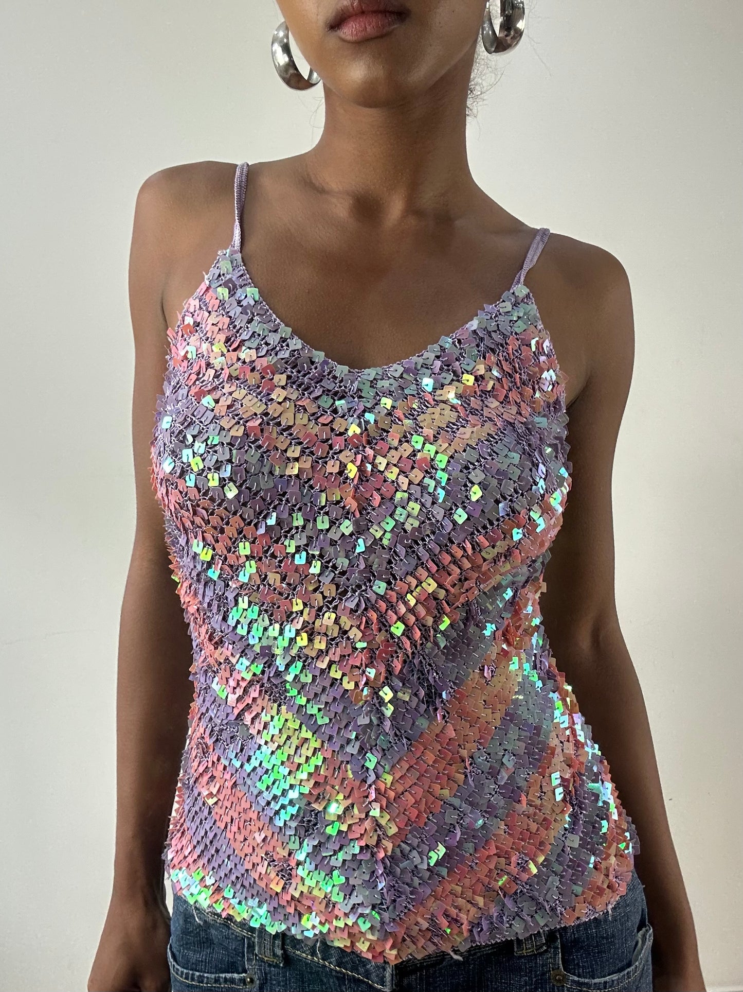 LFW edit | small crochet pink and purple sequin iridescent vest