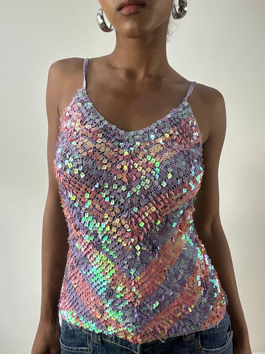 LFW edit | small crochet pink and purple sequin iridescent vest