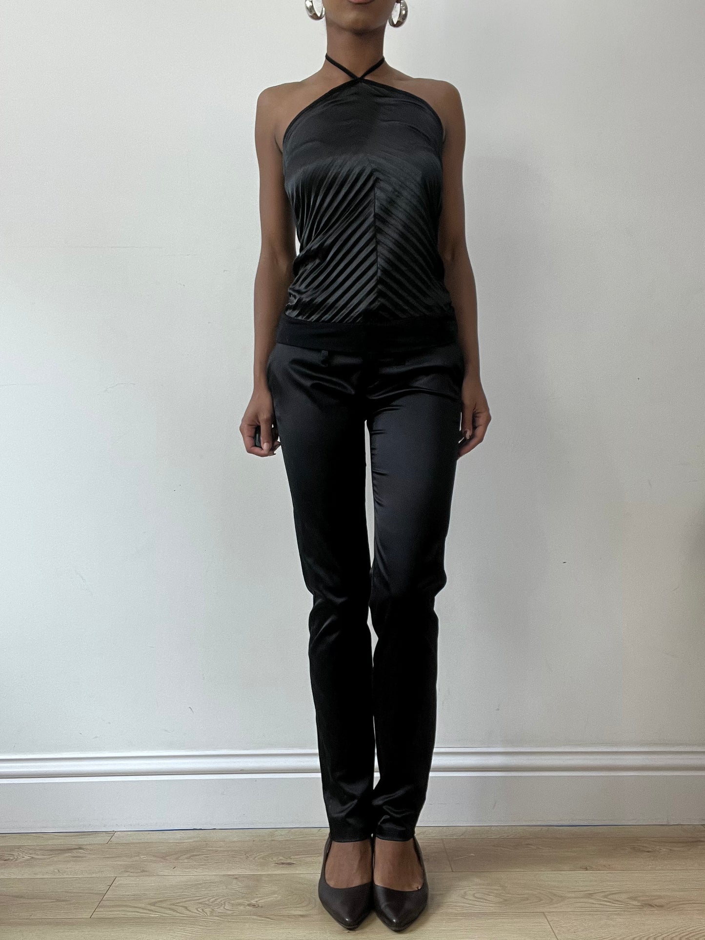 vintage edit thirty-one | small black satin style straight leg trousers