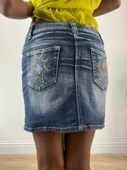 LFW edit | small blue denim mini skirt with embroidery