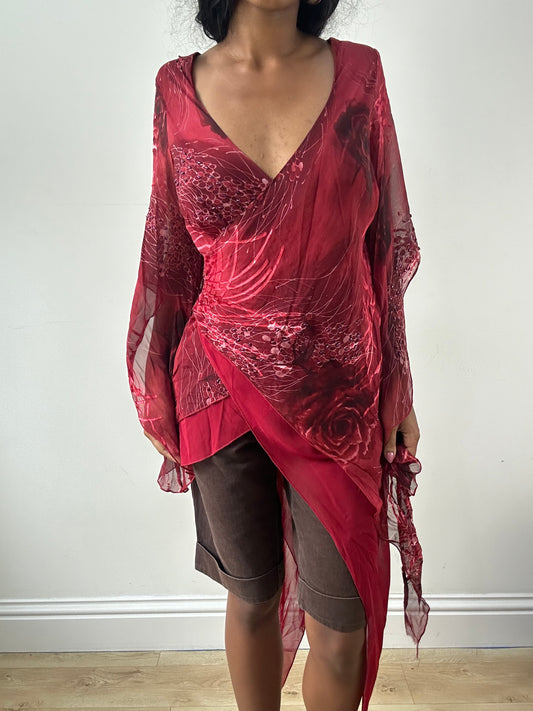 vintage edit: festival | medium red asymmetric patterned top