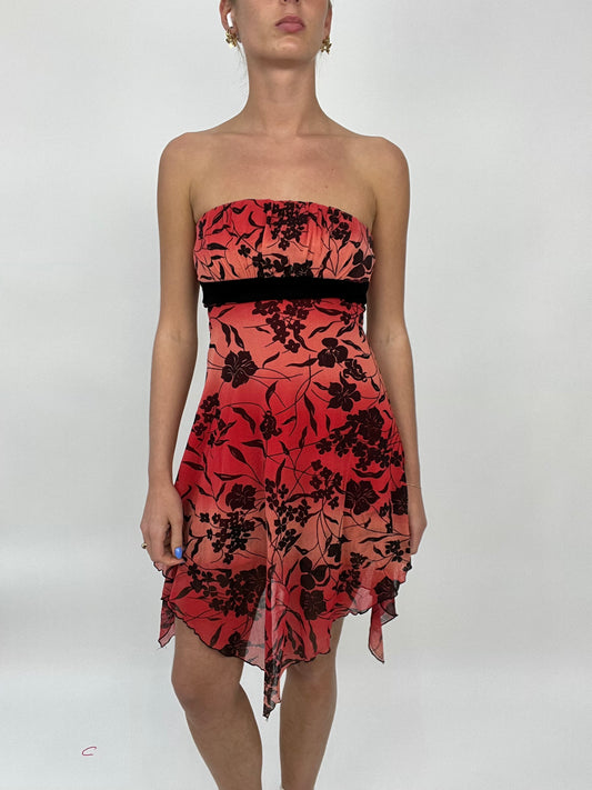COCONUT GIRL DROP | small red jane norman bandeau style dress with black floral print