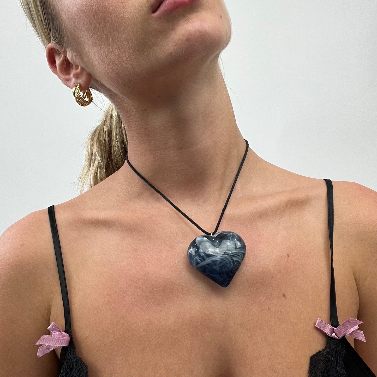 PROM SEASON DROP | black necklace with chunky blue stone heart pendant