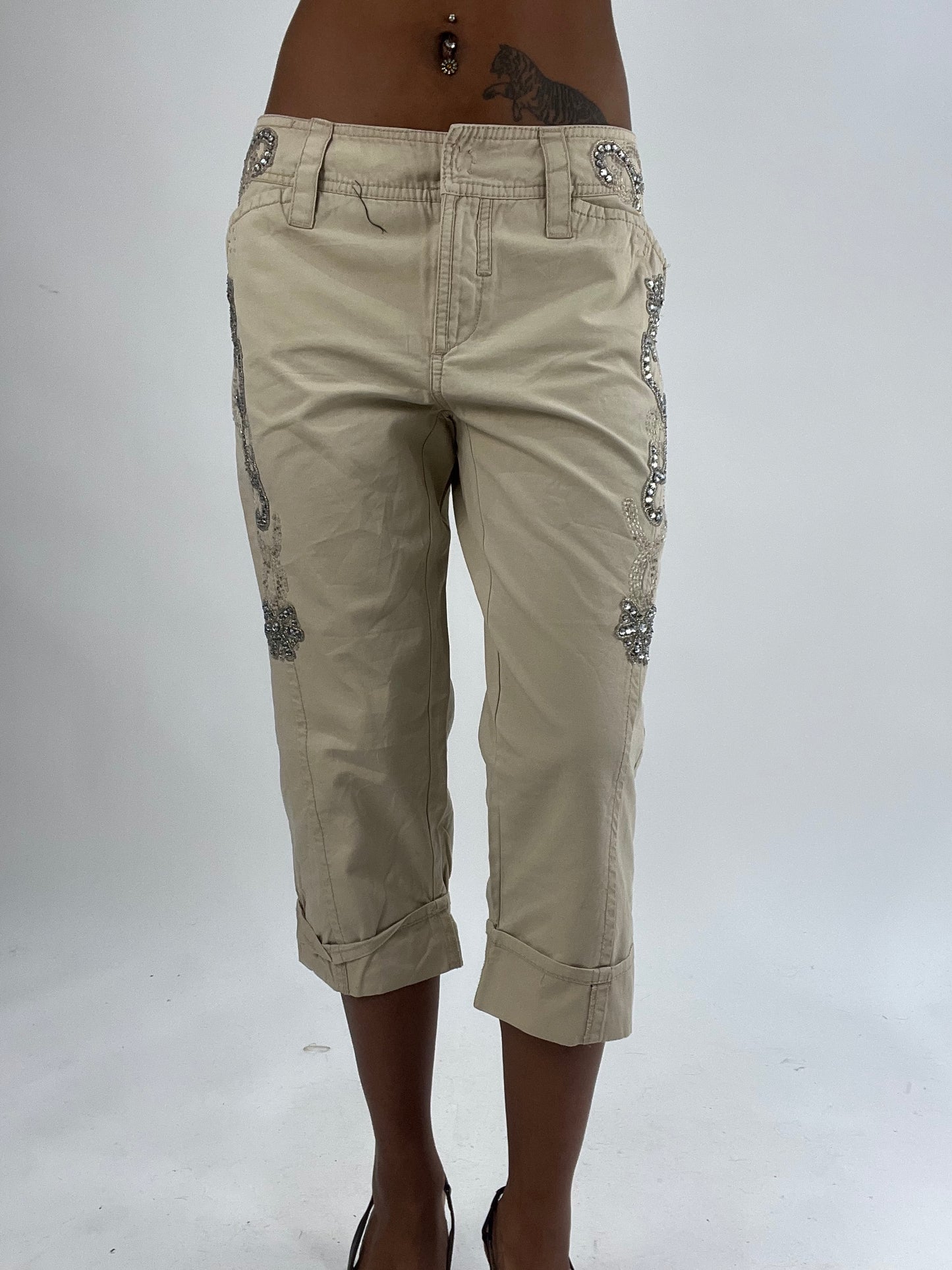 vintage edit thirty-five | medium beige cropped trousers with rhinestone details