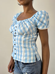 💚vintage edit twenty-six | Pequeno azul e branco estilo de leite-mão vestido feminino com impressão de gingham