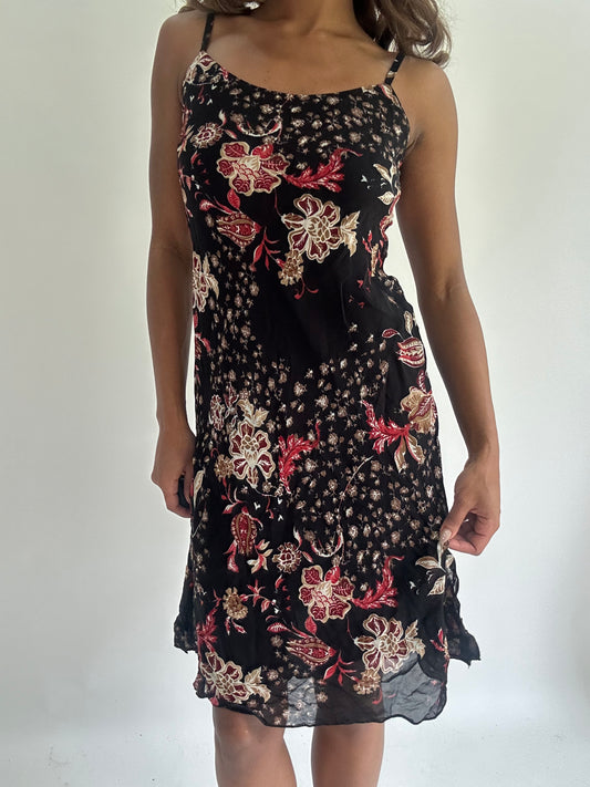 wedding guest drop | small black floral mesh overlay midi dress