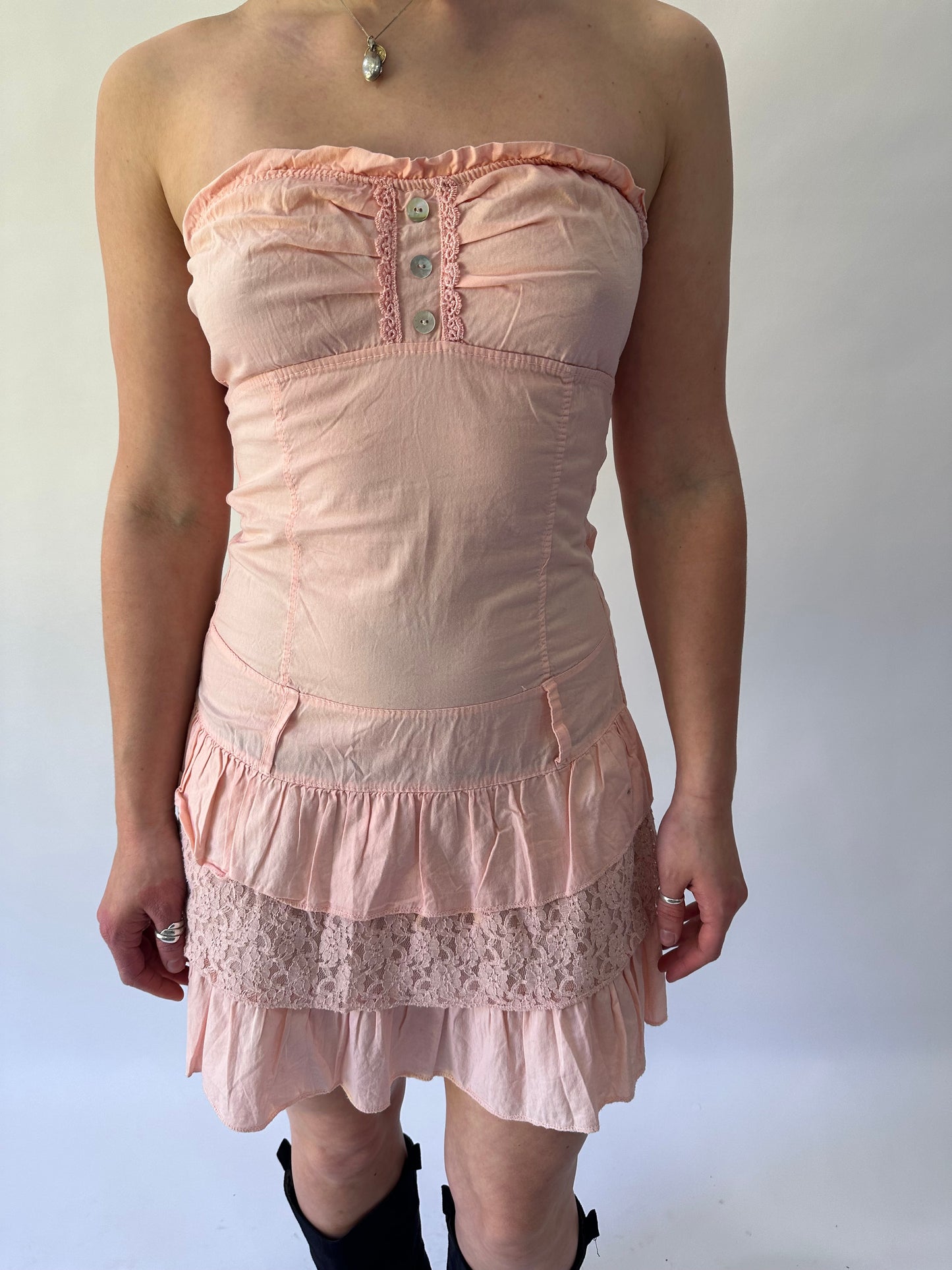 devil wears prada | small pink bandeau ruched ruffle mini dress