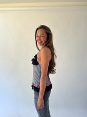 back to school drop | small black plaid top with pink ribbon detail