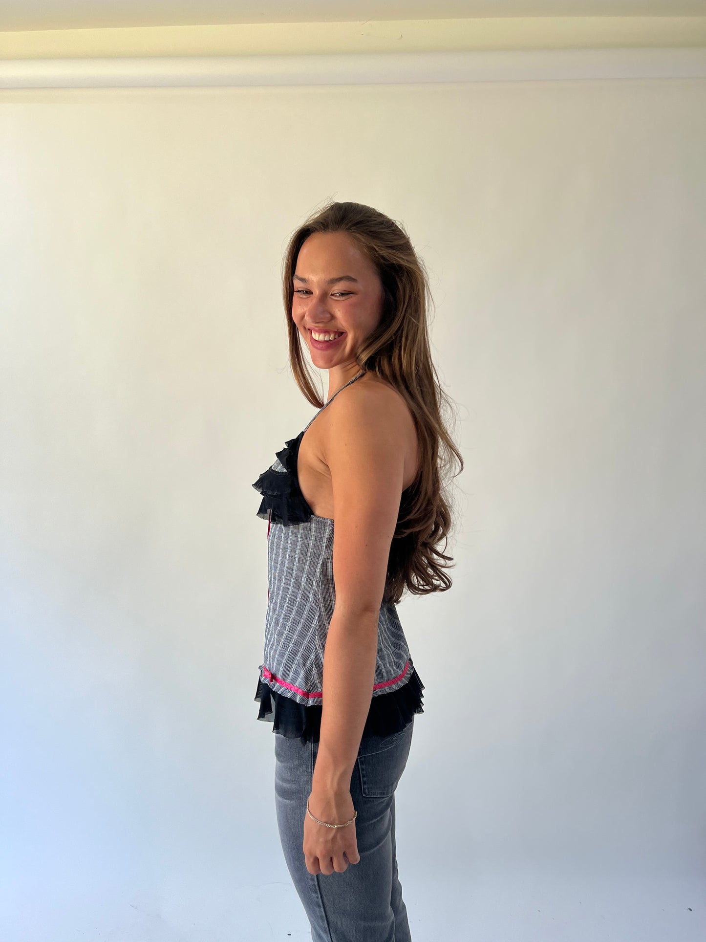 back to school drop | small black plaid top with pink ribbon detail