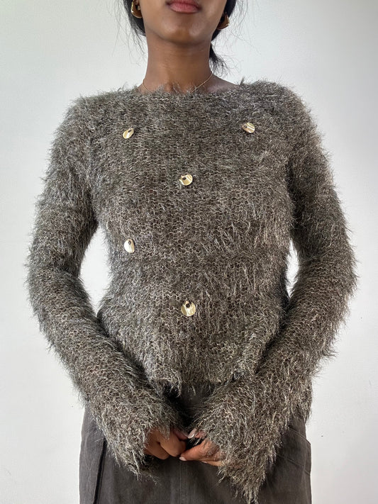 vintage edit twenty-one | small khaki mohair style jumper with sequins