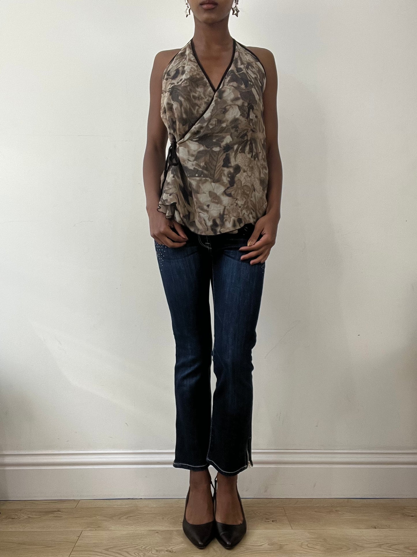 BEST PICKS | small brown halterneck wrap top with floral print