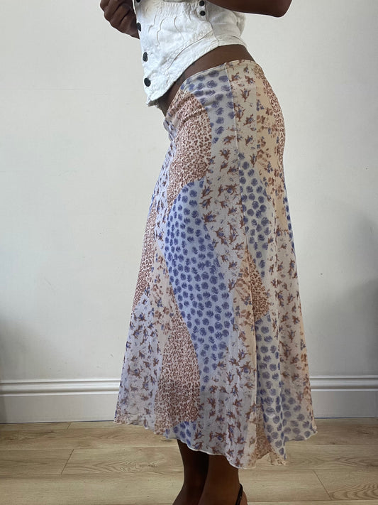 BEST PICKS | small blue and tan midi skirt with floral print