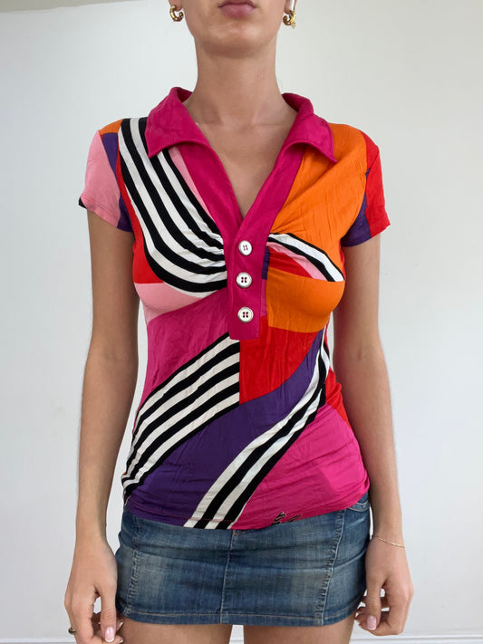 💻💚vintage edit twenty-two | small pink and orange short sleeve shirt with abstract print