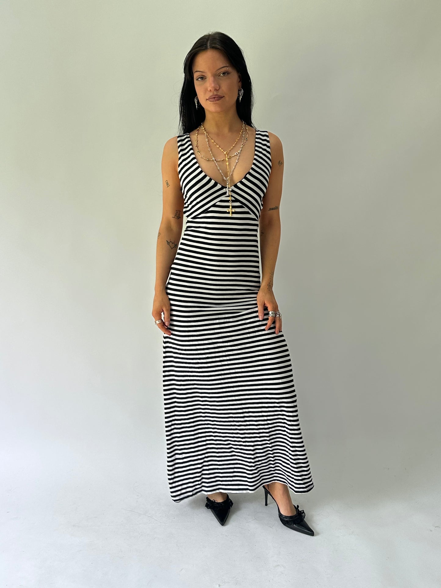 sailor drop | small black and white striped maxi dress