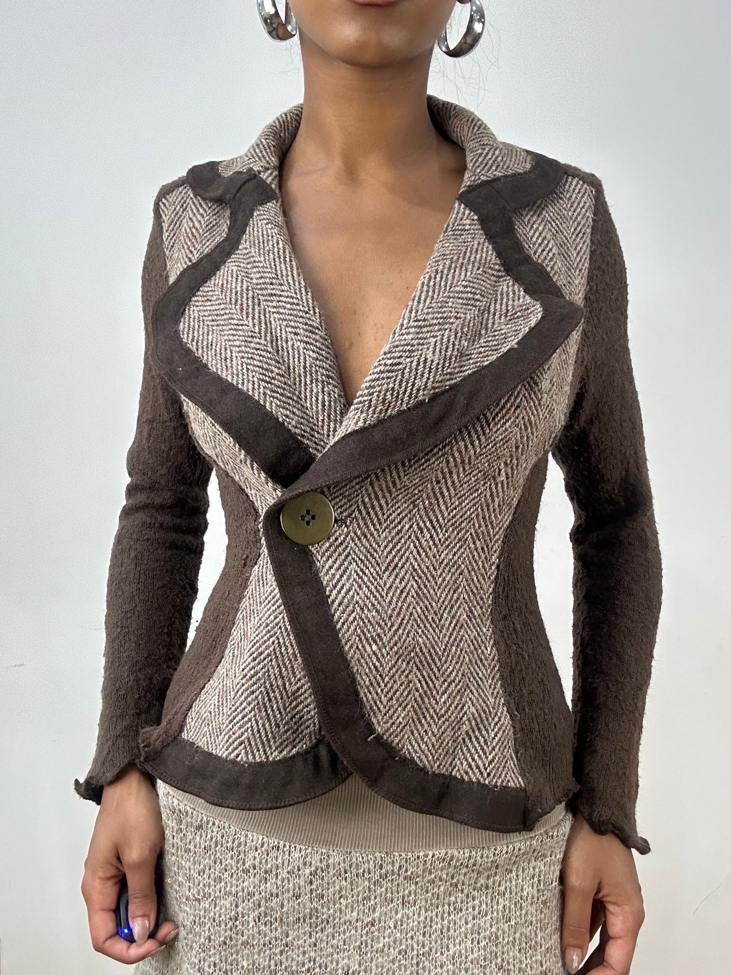 BEST PICKS | extra small brown fitted blazer top with asymmetric button closure