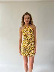 SATC drop | taille: M · couleur: jaune + marron · article: robe · détails: à motifs + col montant + longueur mini