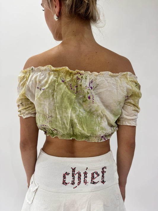 french summer drop | small green and white off the shoulder top