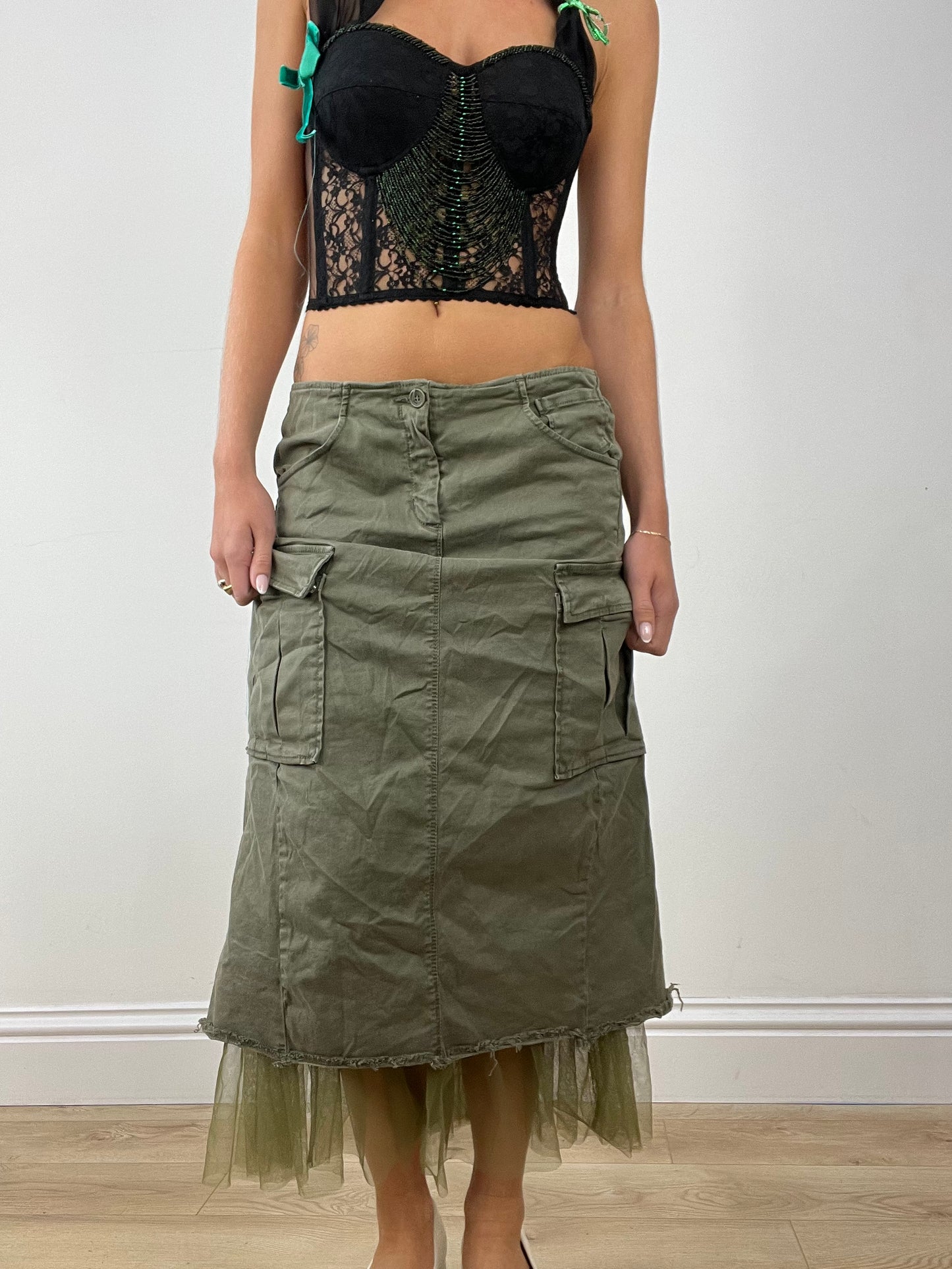 💻HALLOWEEN | medium khaki denim and mesh maxi skirt