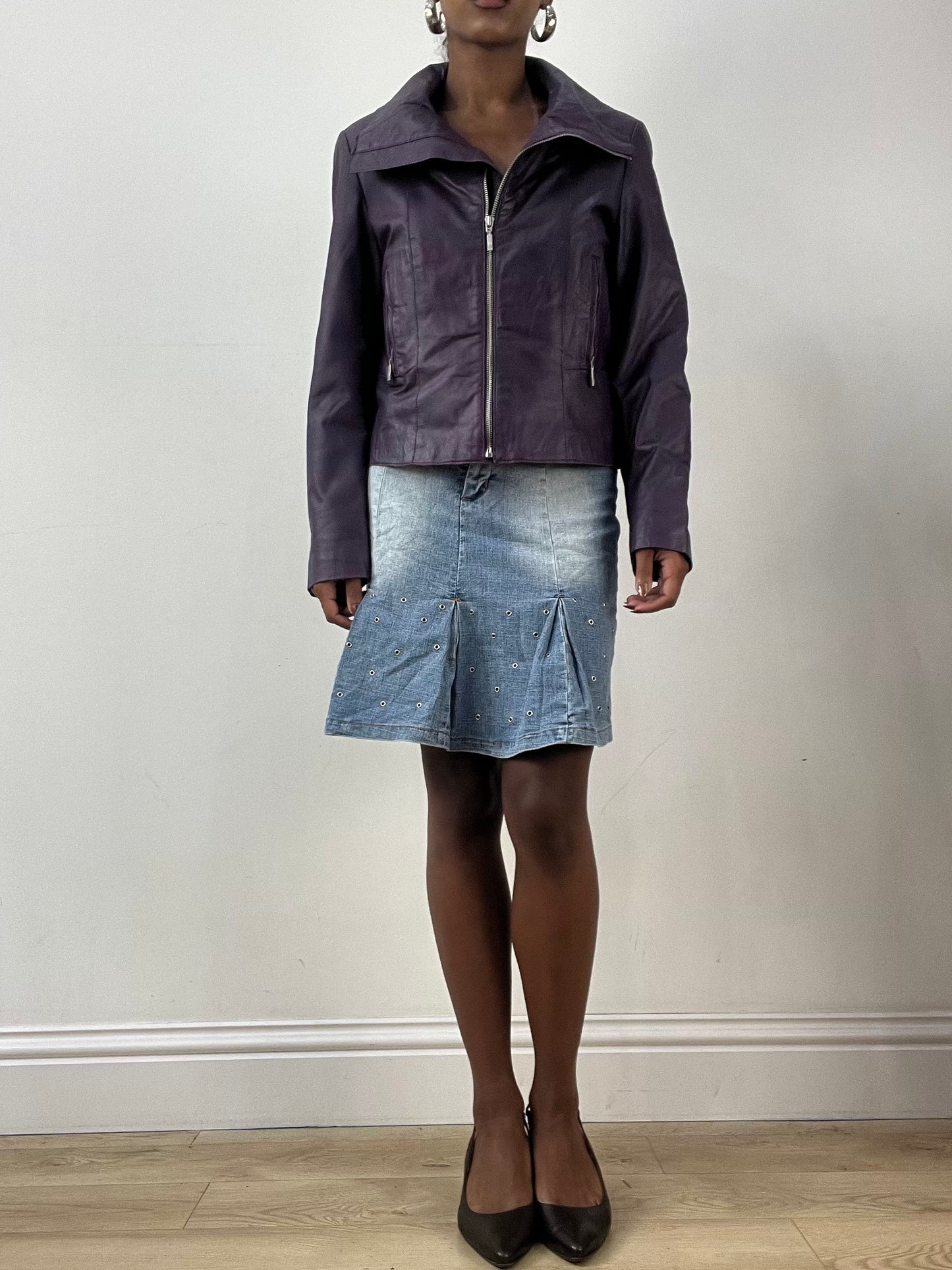 LFW edit | small purple faux leather jacket with silver zip detail