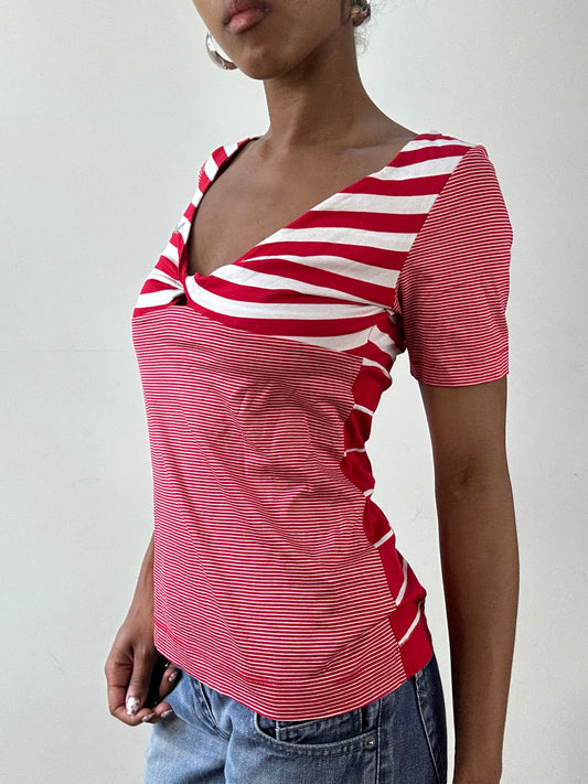 vintage edit twenty-seven | medium red miss sixty pinstripe top with silver logo detail