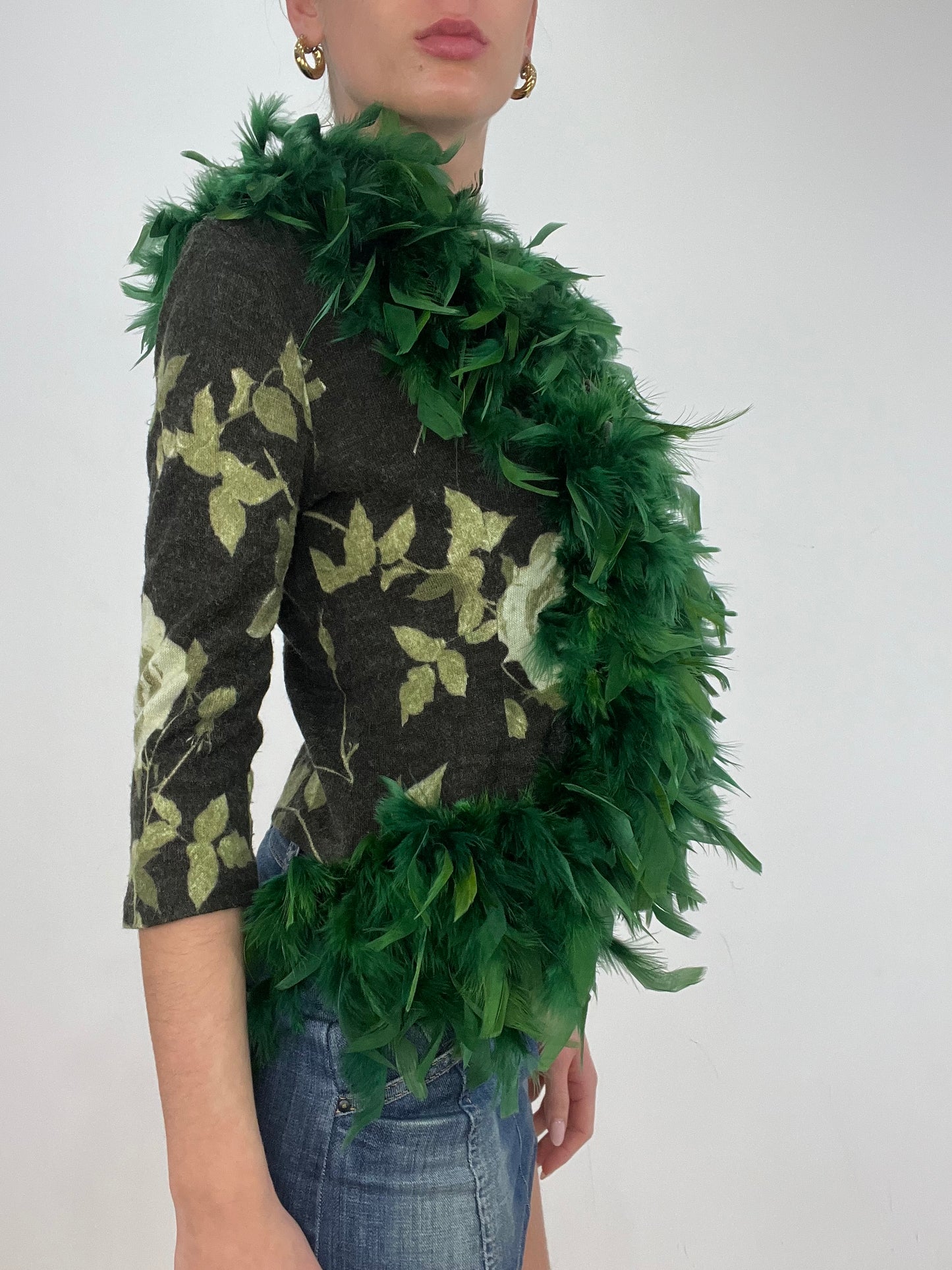 vintage edit ten | small green floral and feather cardigan