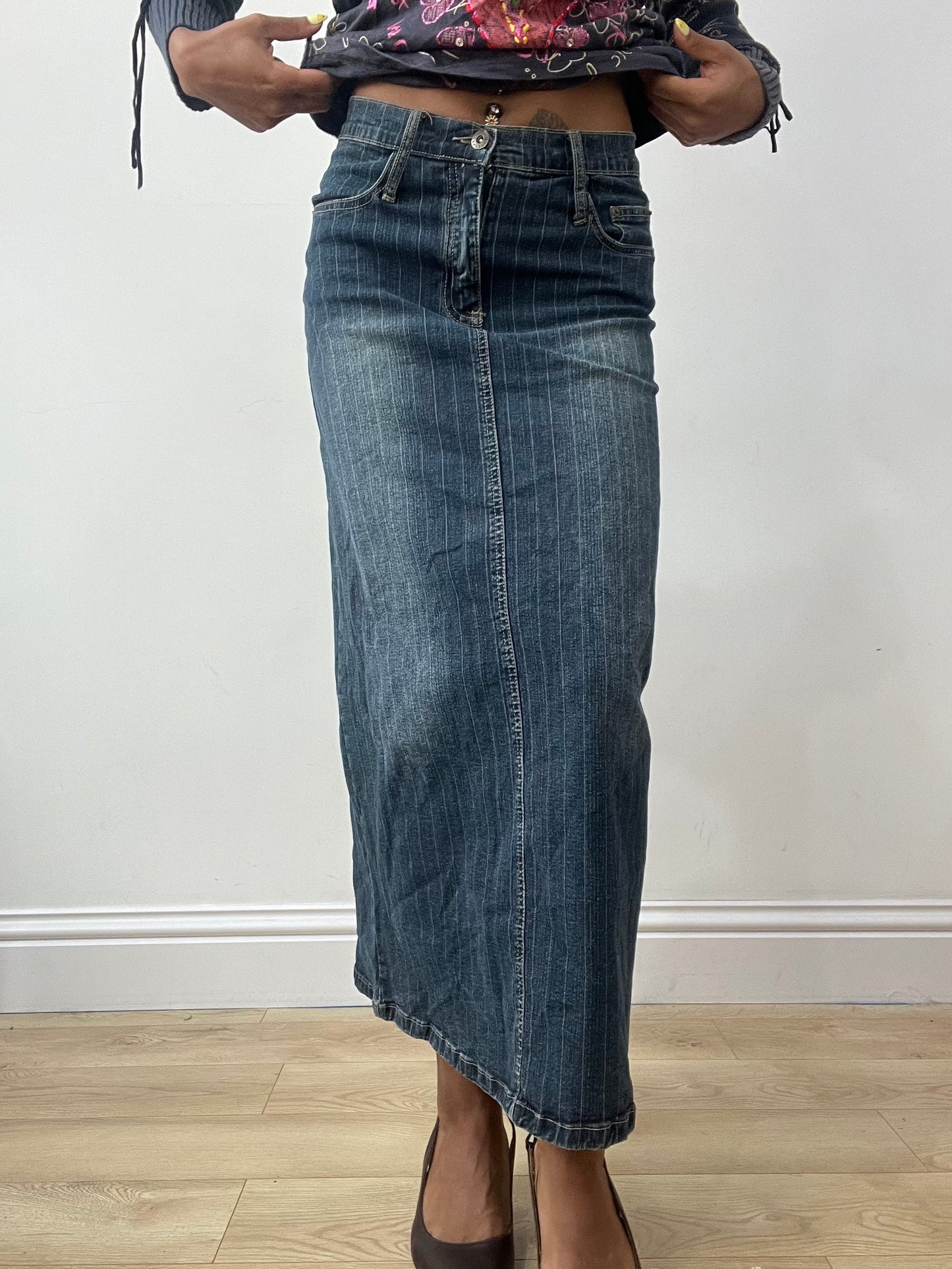 vintage edit thirty-two | extra small blue pinstripe denim maxi skirt