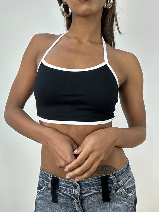 ‼️💻 small black halter neck top with white piping detail