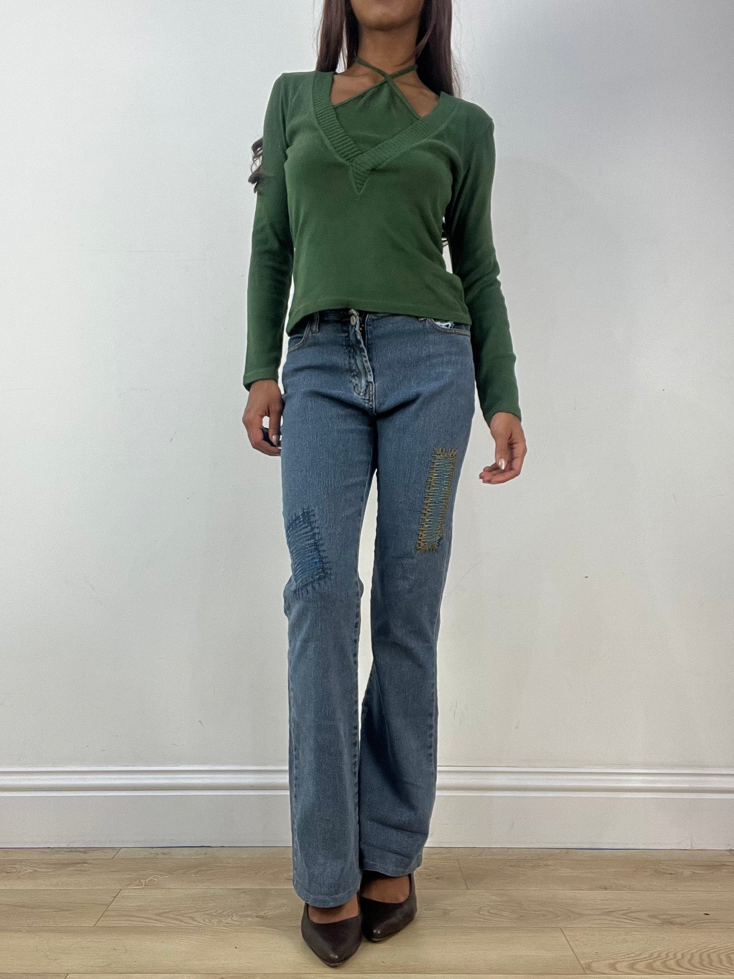 vintage edit thirty-three | small green knit jumper with halterneck detail