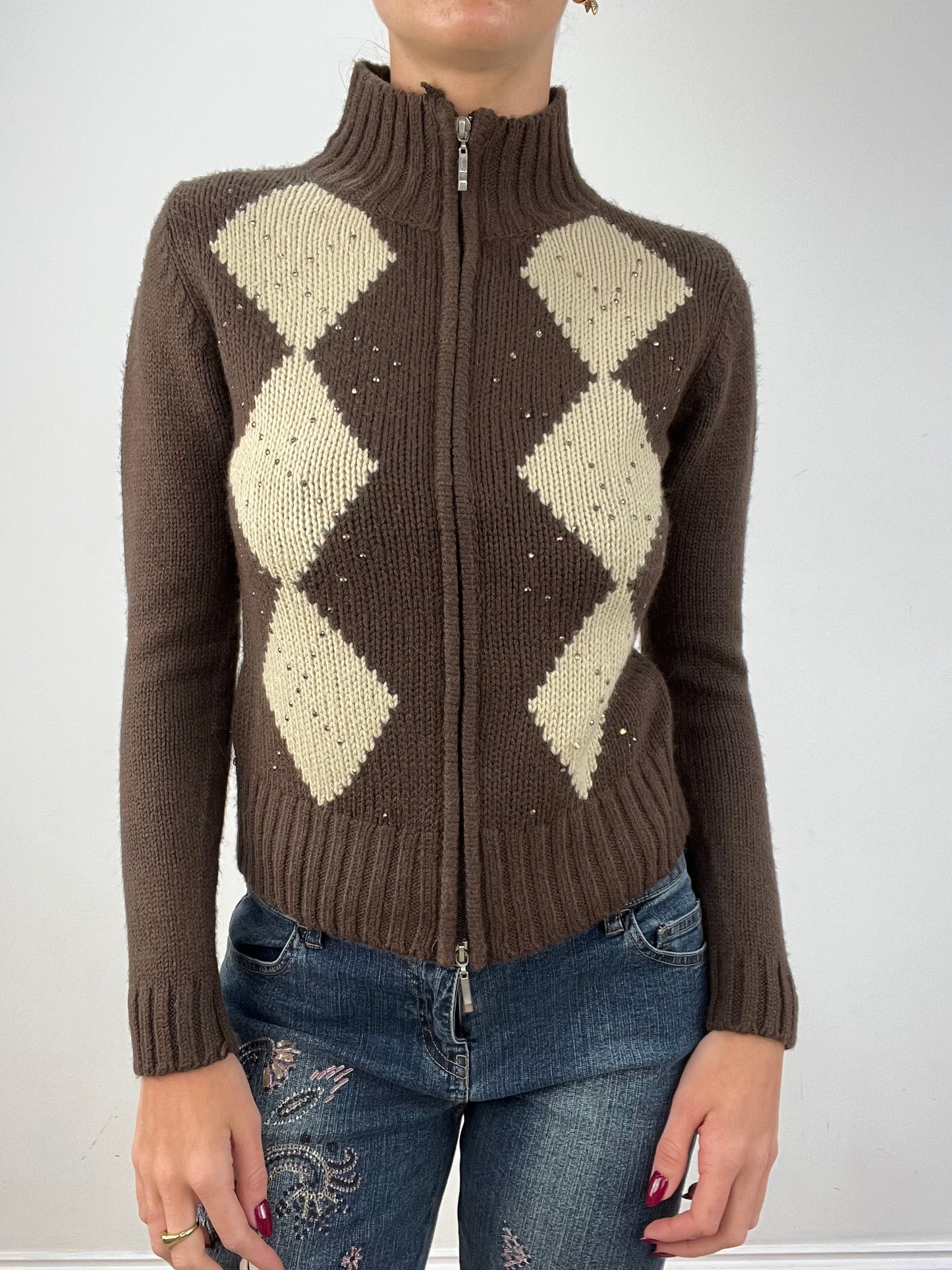 vintage edit twelve | small brown and cream argyle print dual zip jumper
