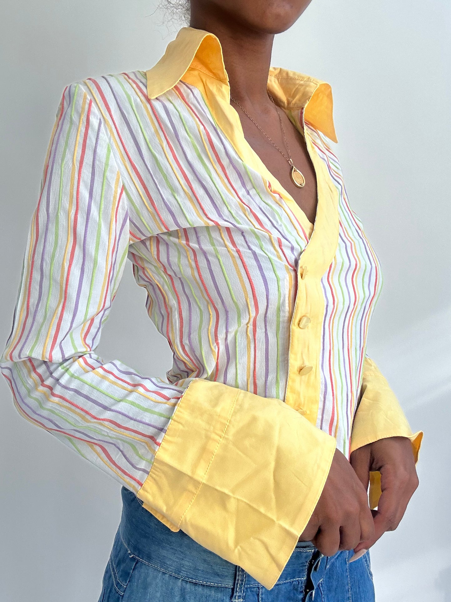 ‼️ | small white and yellow pinstripe button up shirt