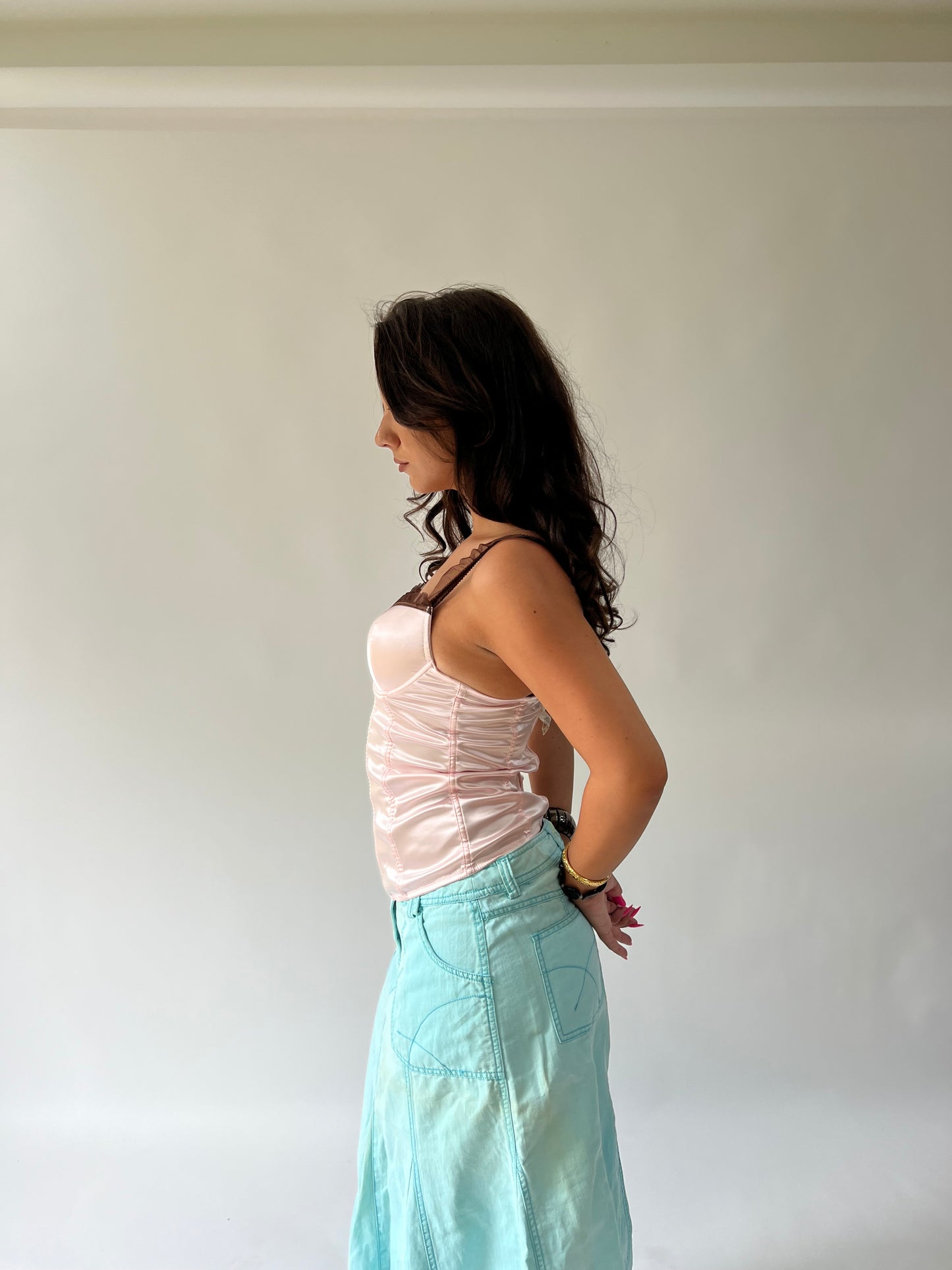 SATC drop | medium pink corset top with brown detail