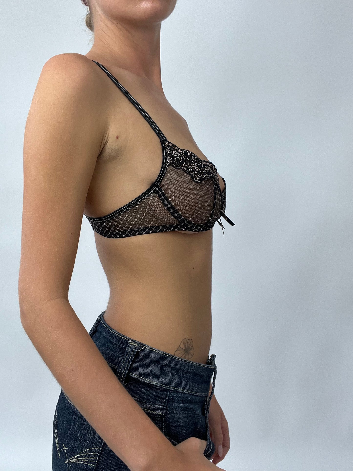 PUB GARDEN DROP | small black lace bra with pink floral embroidery