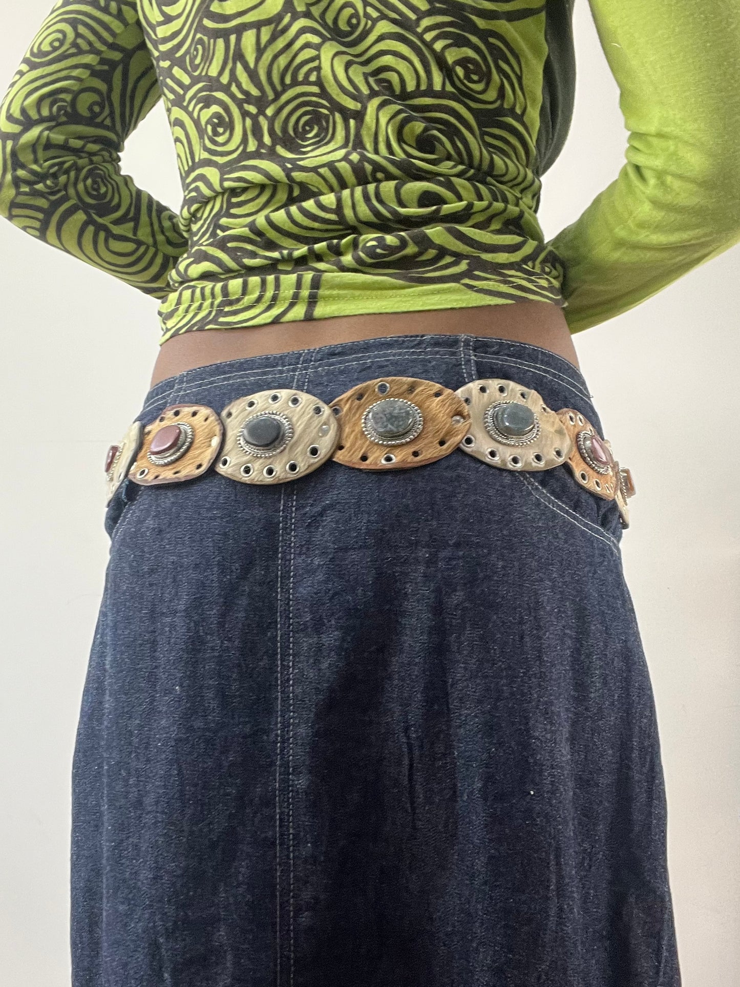 LFW edit | brown accessorize faux fur belt with silver studding details