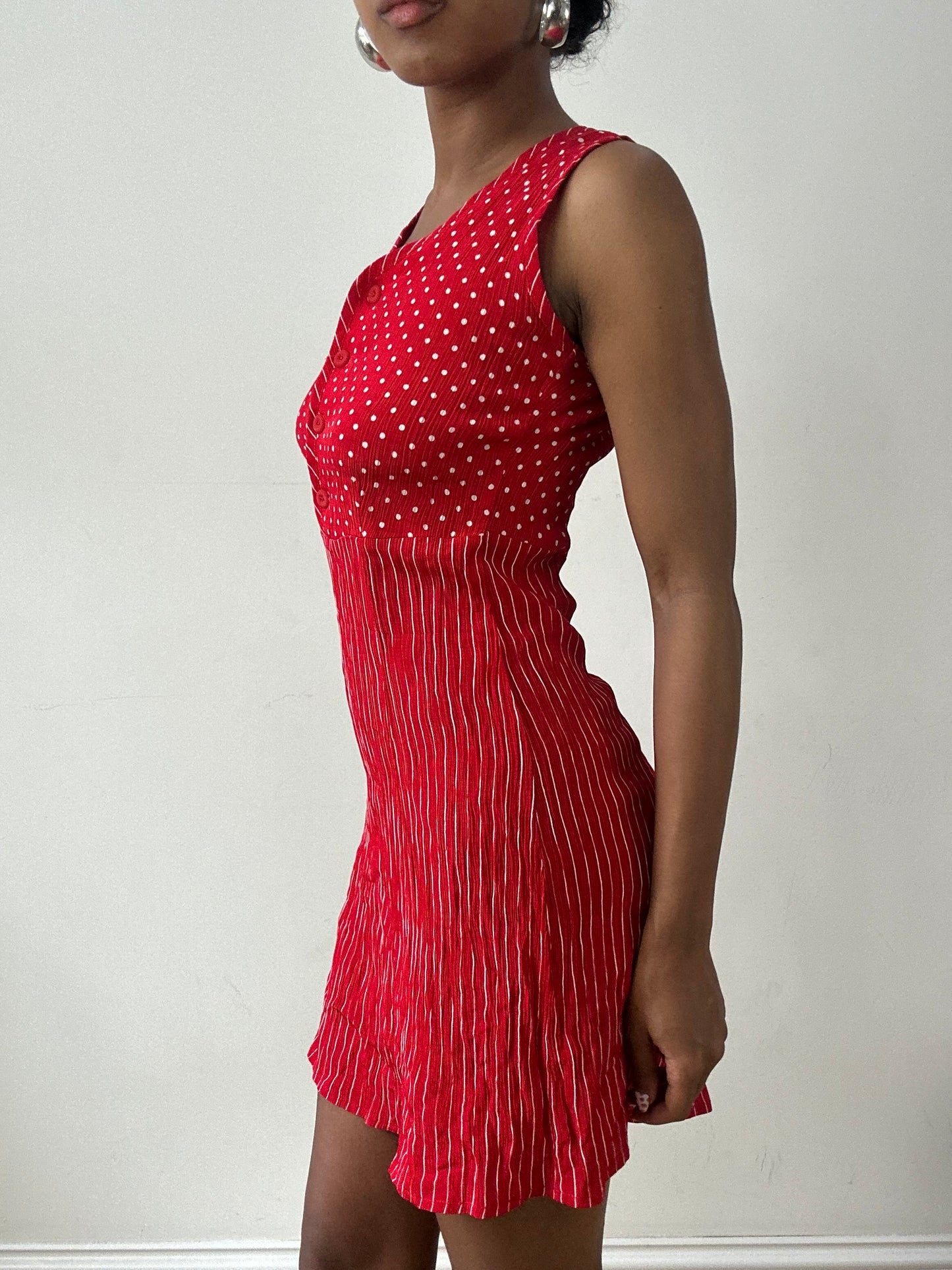 vintage edit twenty-nine | small red mini dress with polka dot and stripe print