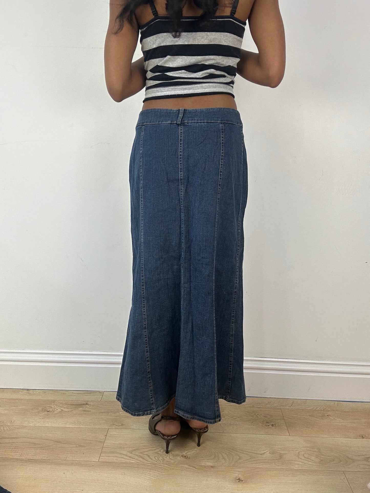 vintage edit eighteen | small blue denim maxi skirt with tie details