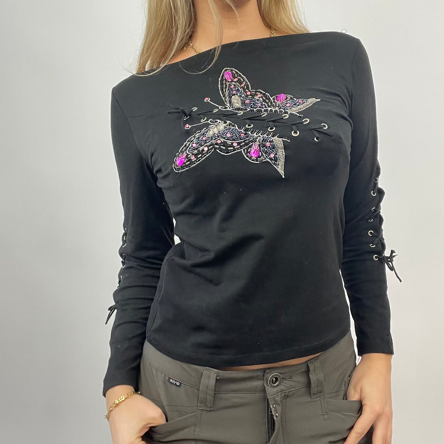 BEST PICKS | small black butterfly print long sleeve top with lace up detail