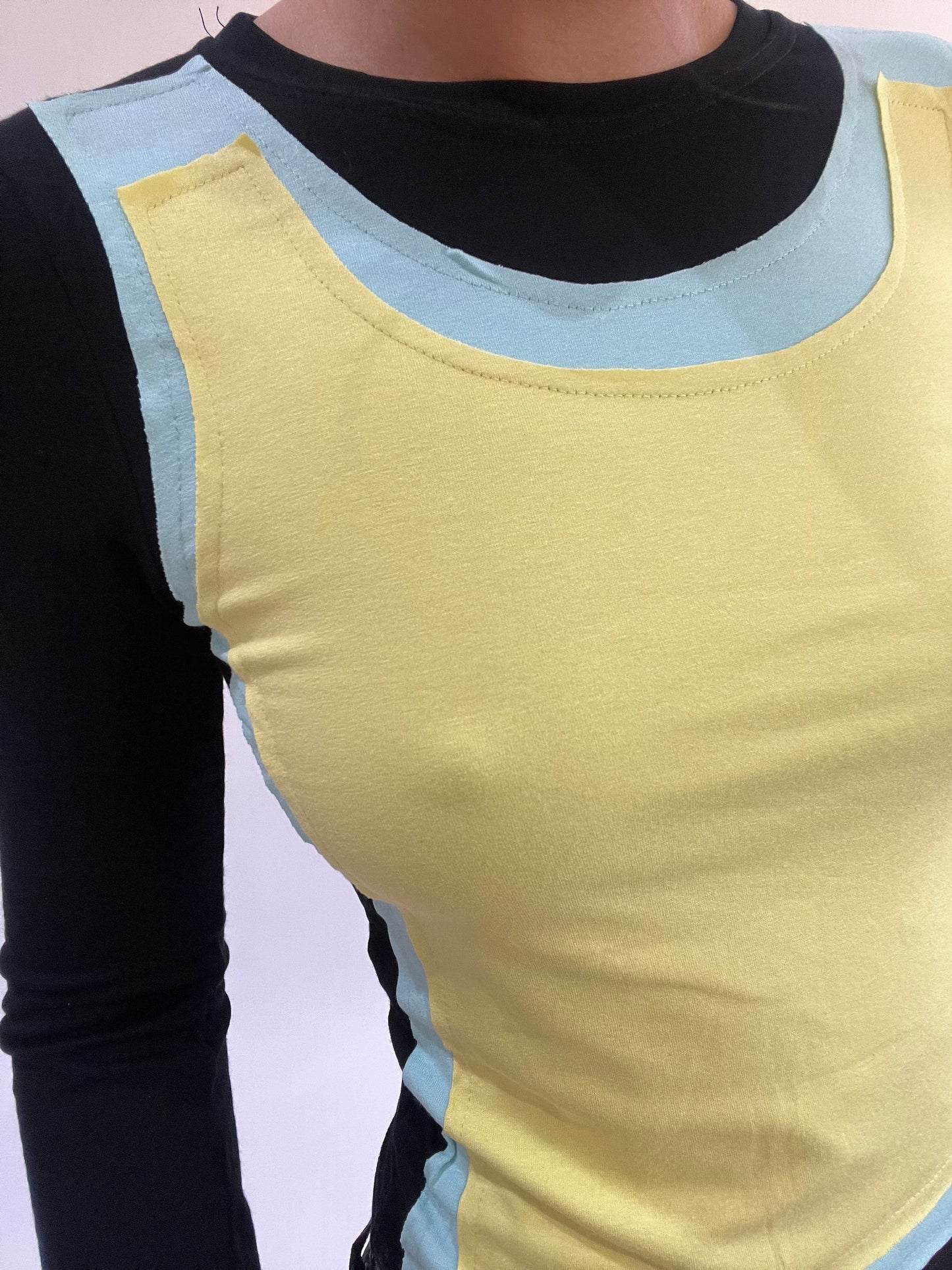 ‼️ | small black long sleeve top with yellow vest overlay detail