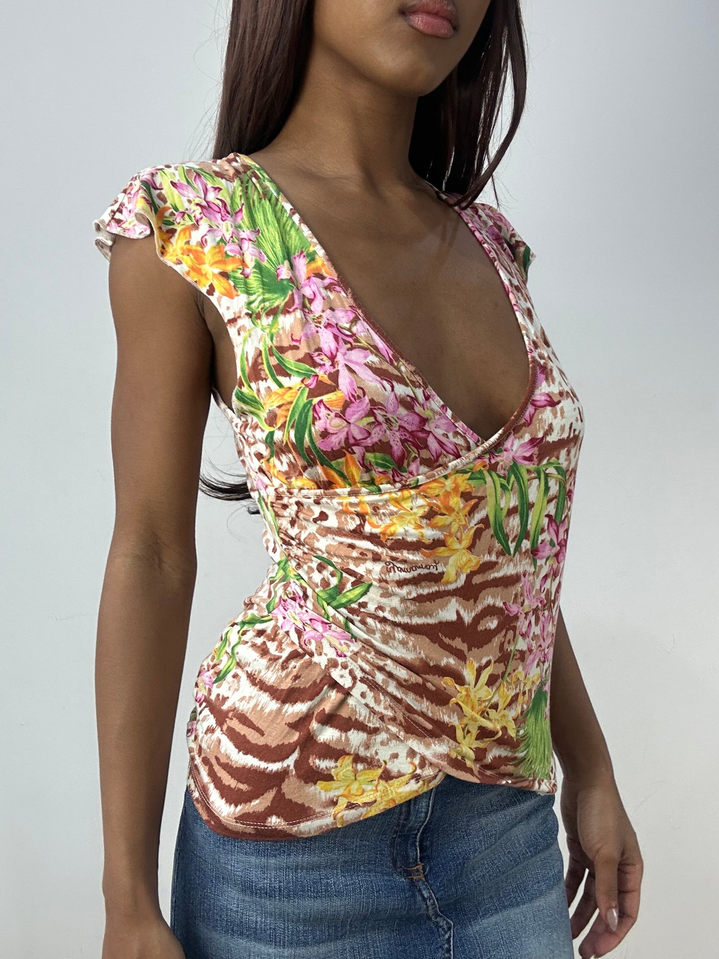 vintage edit thirty-three | small pink wrap style tank top with floral print