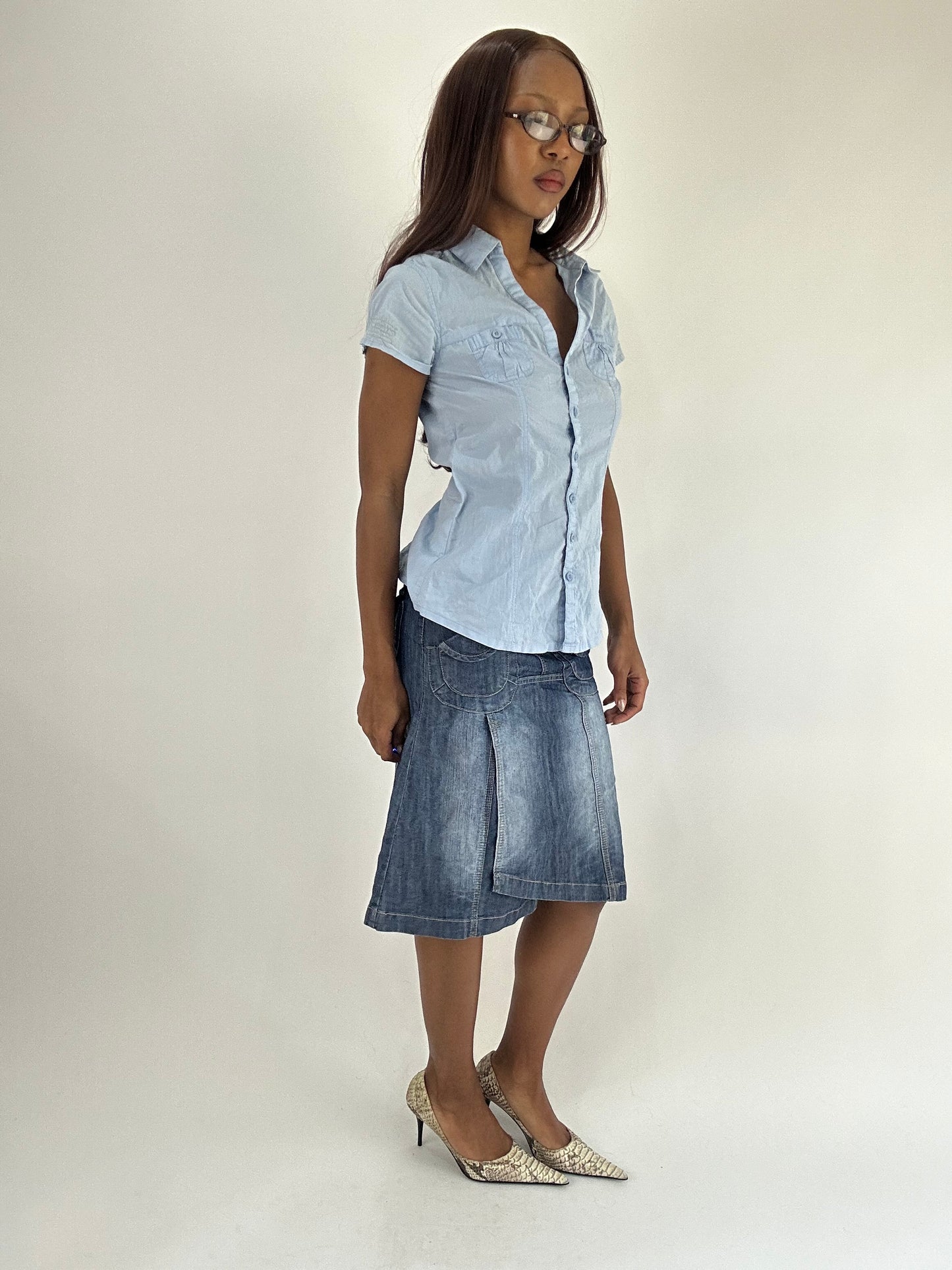 WINTER FAVOURITES | small blue denim midi skirt with multicolour button detail