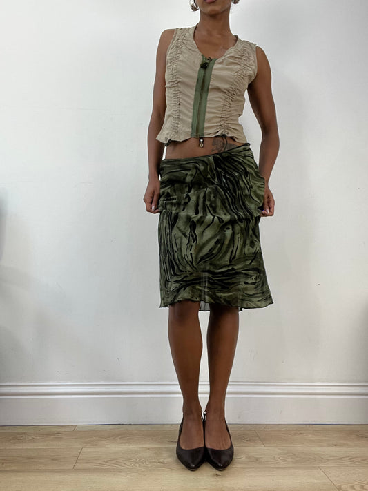 AUTUMN EDIT | small green midi skirt with graphic mesh overlay