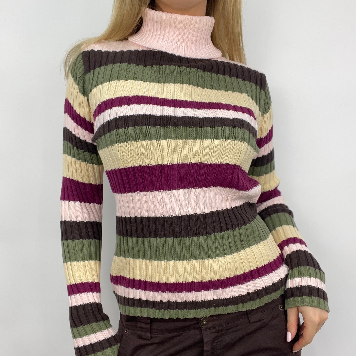 💻 STUDIO FAVES | small green and pink striped knitted roll neck jumper