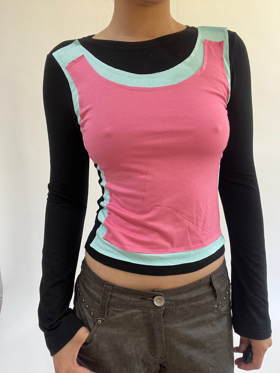 ‼️ | small black long sleeve top with pink vest overlay detail