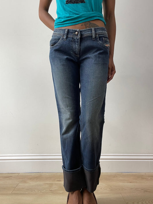 midsummer edit | medium blue diesel bootcut jeans with faux leather detail
