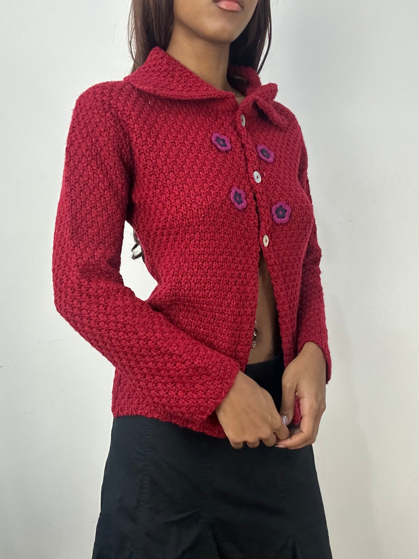 BEST PICKS | small red knit cardigan top with 3d floral details
